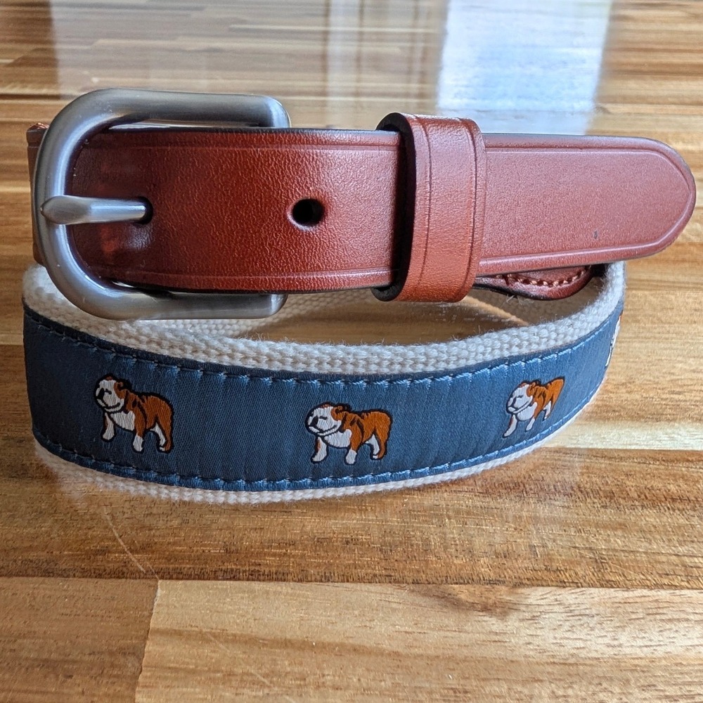 Crewcuts J.Crew Boy's Bulldog Canvas Leather Belt Blue Cream Brown Size Medium